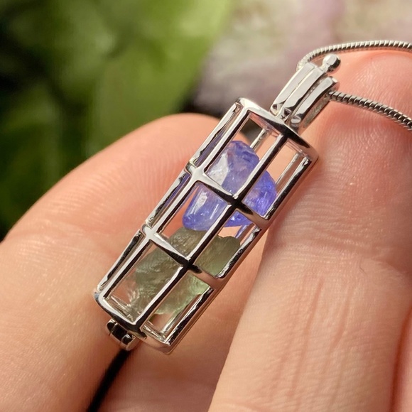 Moldavite, Tanzanite & Herkimer Diamond Pendant - Picture 2 of 9